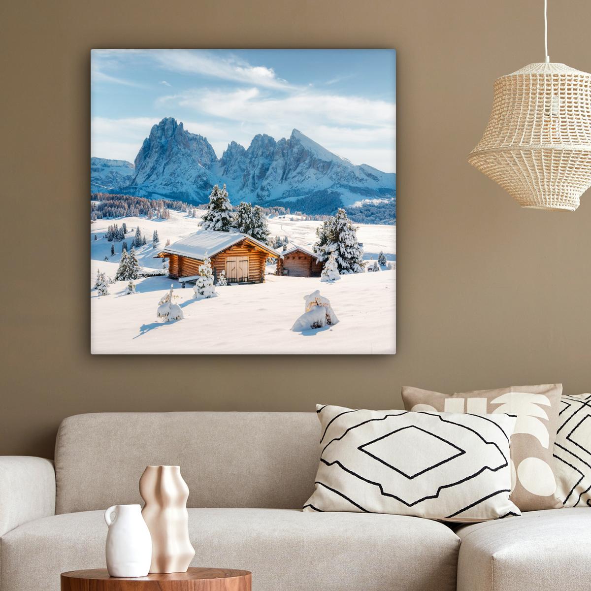 LEINWANDBILD Winter - Hütte - Berge - Aussicht - Schnee Deko Groß 90x90 cm - Eichefarben, Textil (90/90cm) - MuchoWow