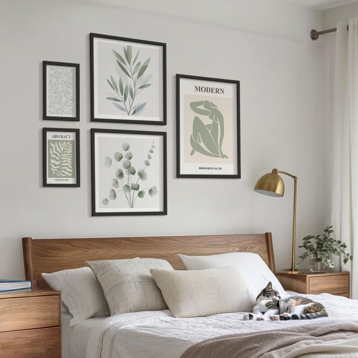BILDER SET 5er Set - 50x50 cm & 20x30 cm & 40x60 cm Schwarzer Rahmen - Matisse entwirft Boho-Pflanzen - Schwarz, Kunststoff (40/60cm) - TULUP