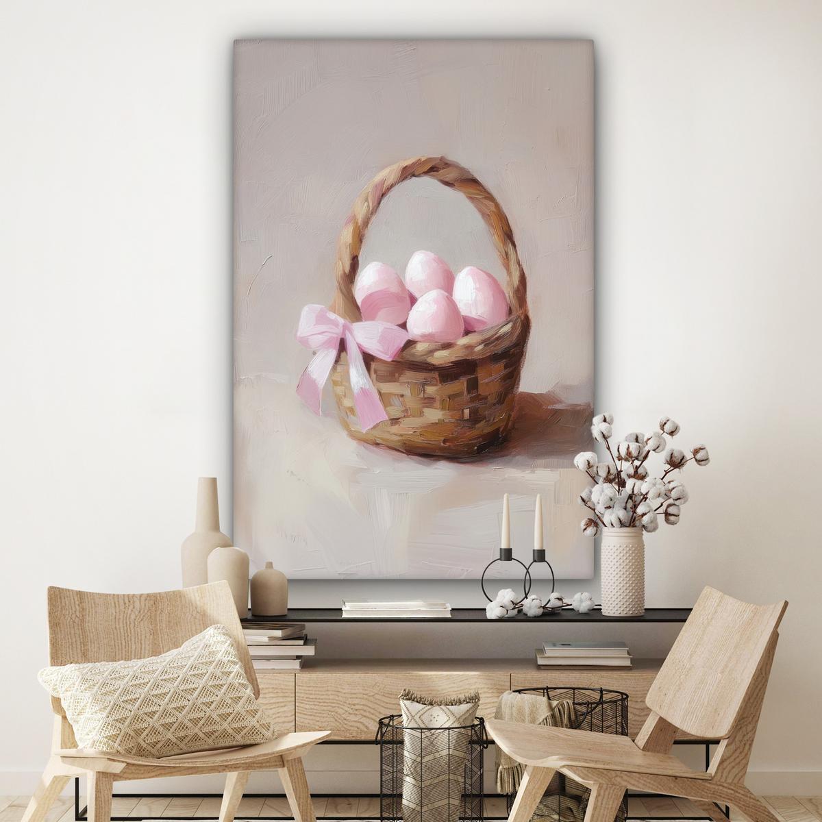 LEINWANDBILD Korb - Eier - Rosa Deko Groß 90x140 cm - Beige, Textil (90/140cm) - MuchoWow