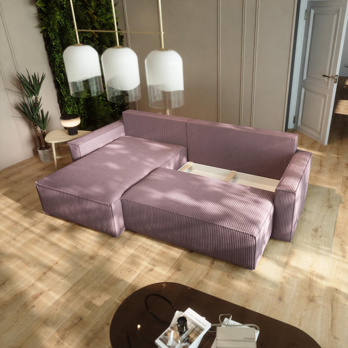 ECKSOFA BESMIR Lila Kordstoff mit Schlaffunktion - Lila, Holz (275/148cm) - MASSENO