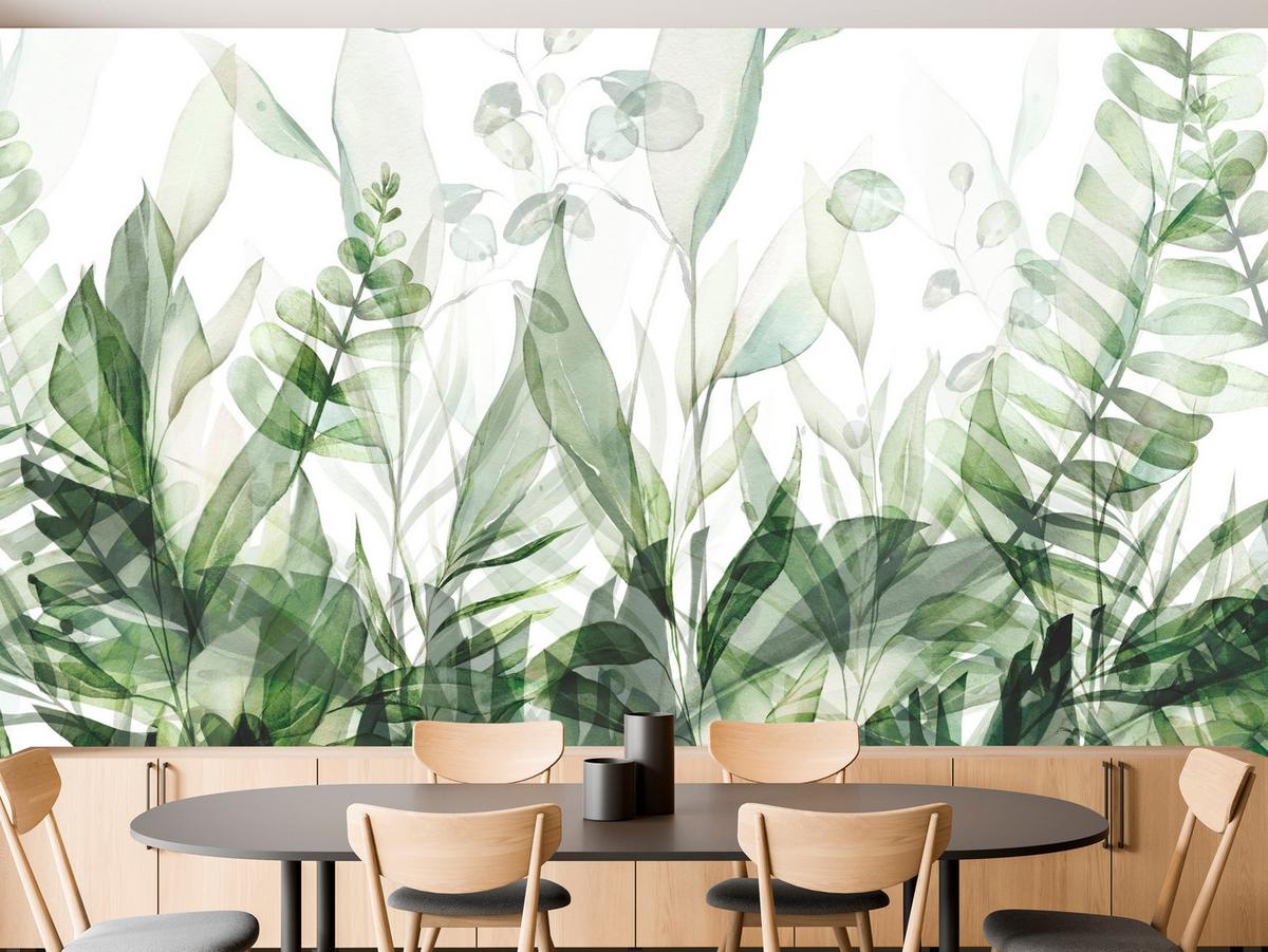FOTOTAPETE für Schlafzimmer Aquarell Tropische Grüne Blätter Exotisch Blätter 200x140 - Weiß/Grün, Papier (200/140cm) - Muralo