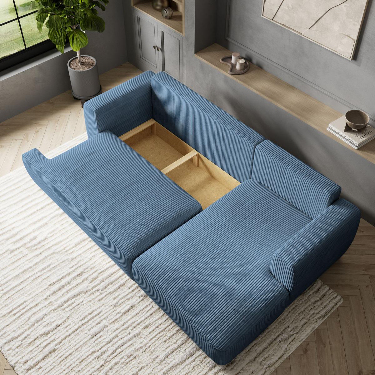 ECKSOFA SENTI P R-S Blau Kordstoff mit Schlaffunktion - Blau/Schwarz, Holz/Kunststoff (246/148cm) - MASSENO