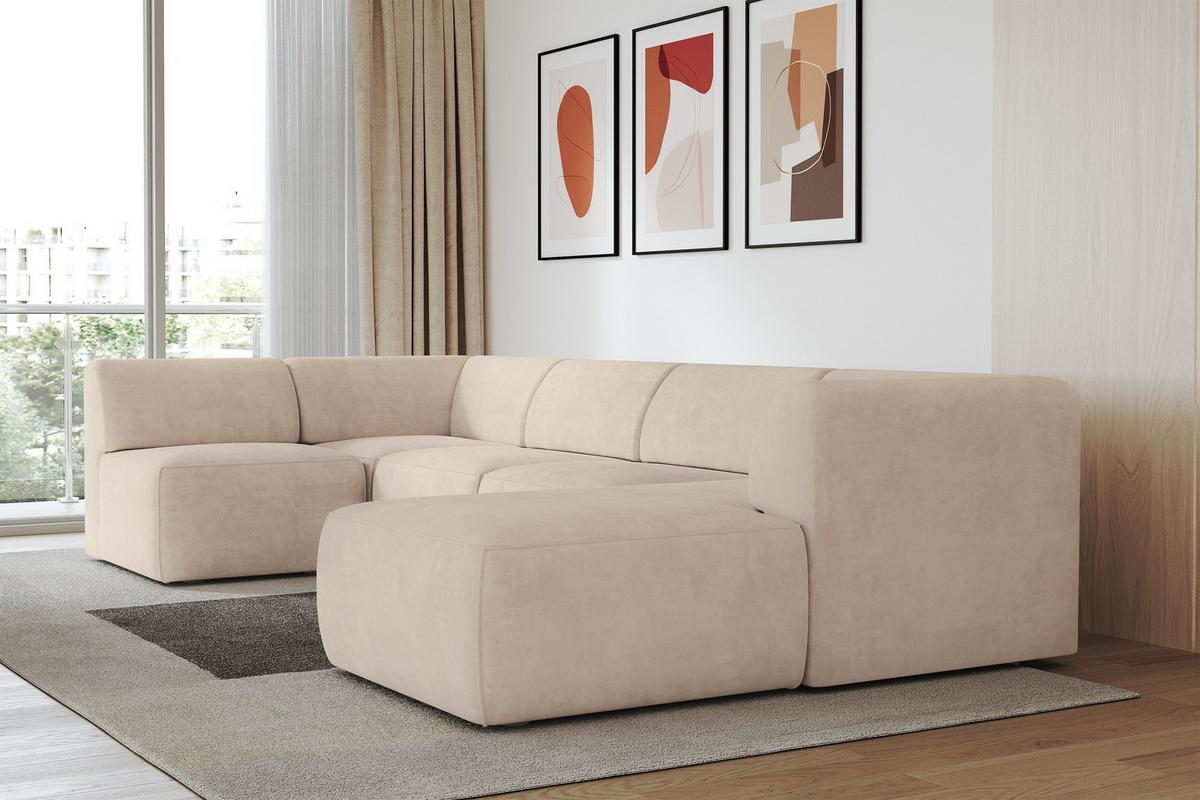 WOHNLANDSCHAFT Ottomane Rechts MOVO-L 345x180x78 cm Beige Velours - Mokka, Holzwerkstoff/Kunststoff (180/78/345cm) - ALTDECOR