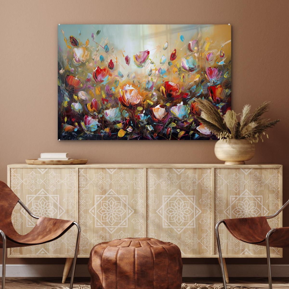 ACRYLGLASBILD Blumen - Kunst - Natur - Ölgemälde Room Decor 90x60 cm - Multicolor, Glas (90/60cm) - MuchoWow