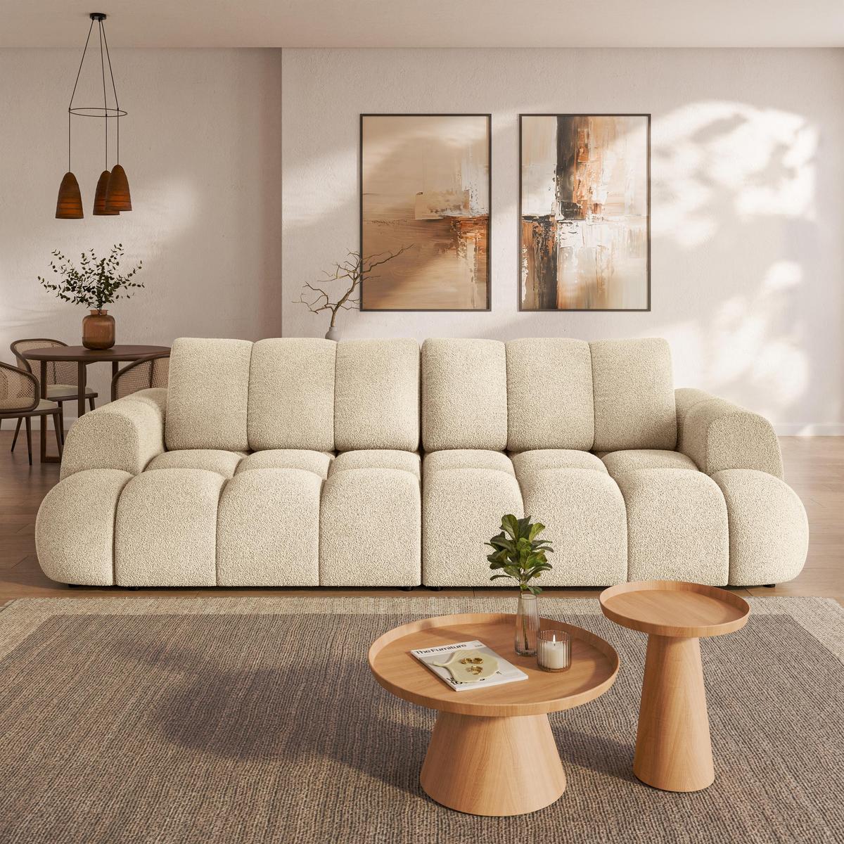 BETTSOFA DAFNE Creme Bucle-Stoff mit Schlaffunktion - Creme, Textil (300/88/113cm) - MASSENO