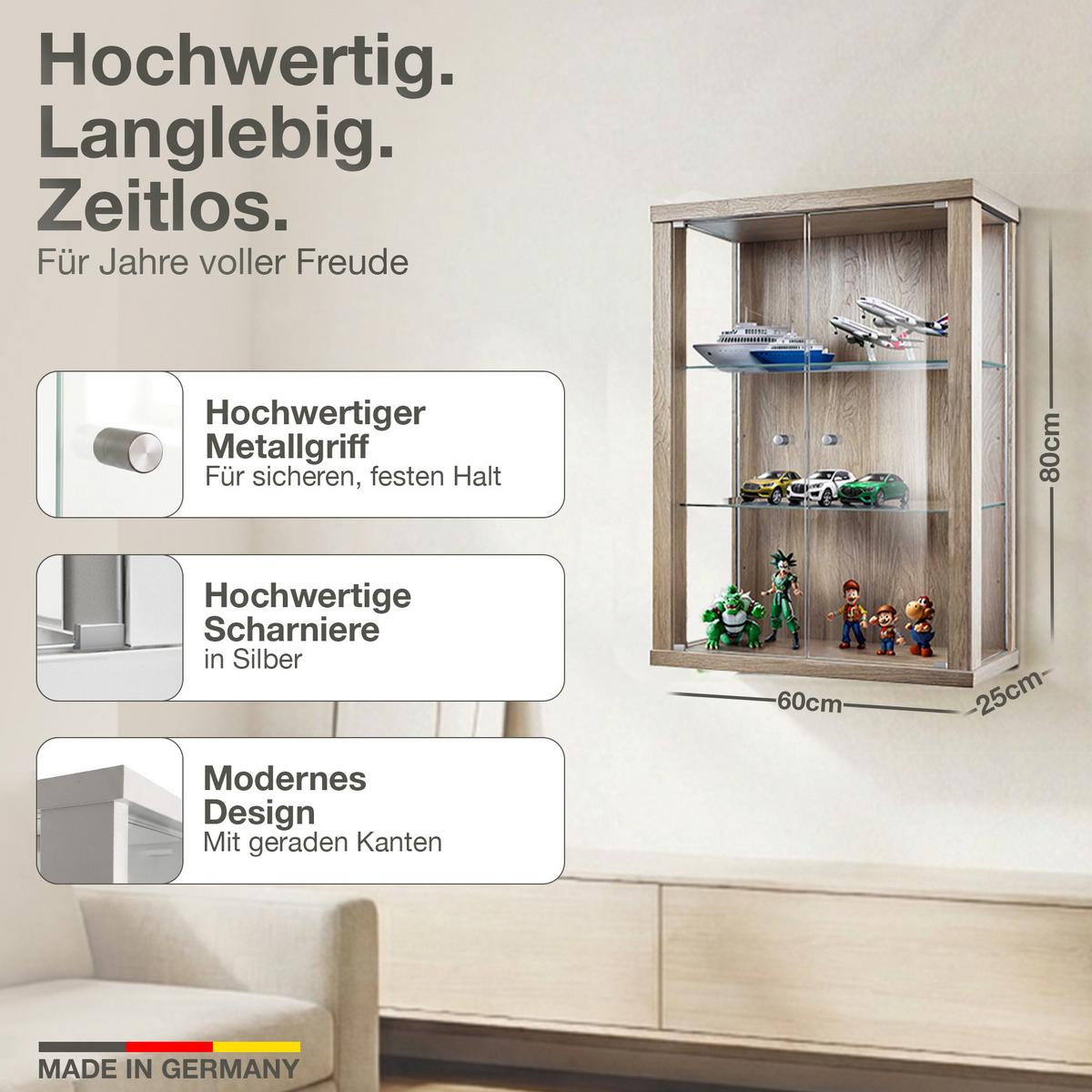 HÄNGEVITRINE 25/60/80 cm mit 2 höhenverstellbaren Glasböden - Transparent/Silberfarben, Glas/Holzwerkstoff (60/80/25cm) - K-Möbel