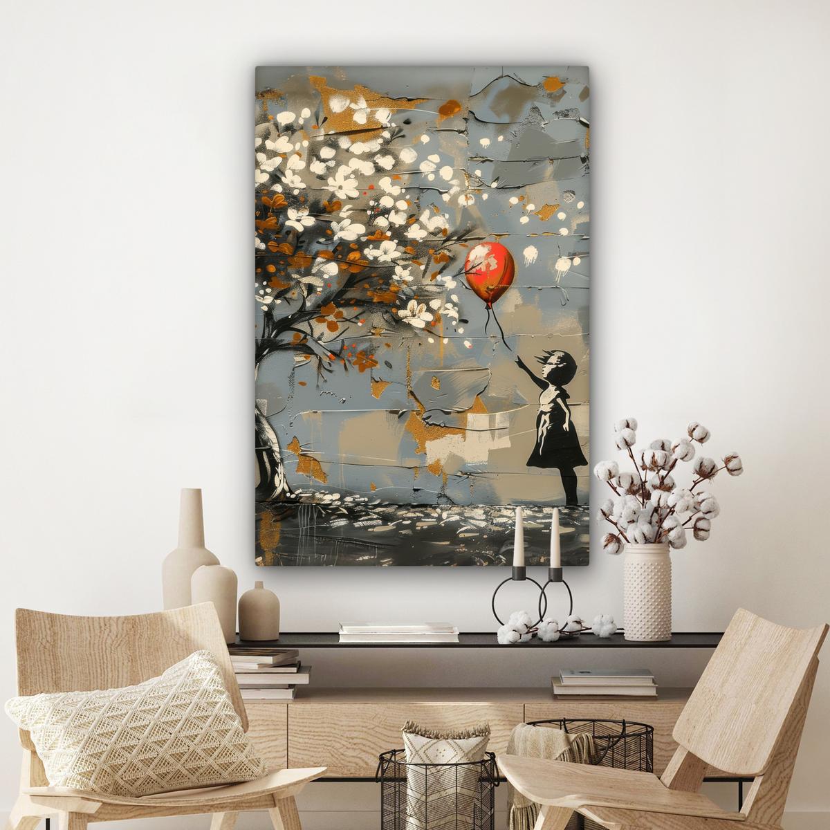 LEINWANDBILD Baum - Graffiti - Banksy-Stil - Ballon-Mädchen Deko XXL 80x120 cm - Blaugrau, Textil (80/120cm) - MuchoWow