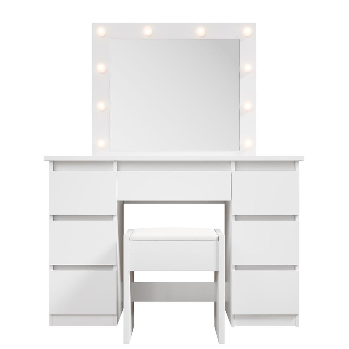 SCHMINKTISCH Talea mit LED (3 Lichtstufen) inkl Hocker Melly - Weiß, Holz (110/141/40cm) - Juskys