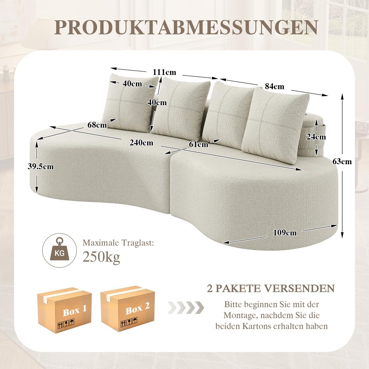 3-SITZER SOFA leinenstoff farbwahl mit getränkehalter & seitentaschen - Beige, Textil (240/63/109cm) - Urban Meuble