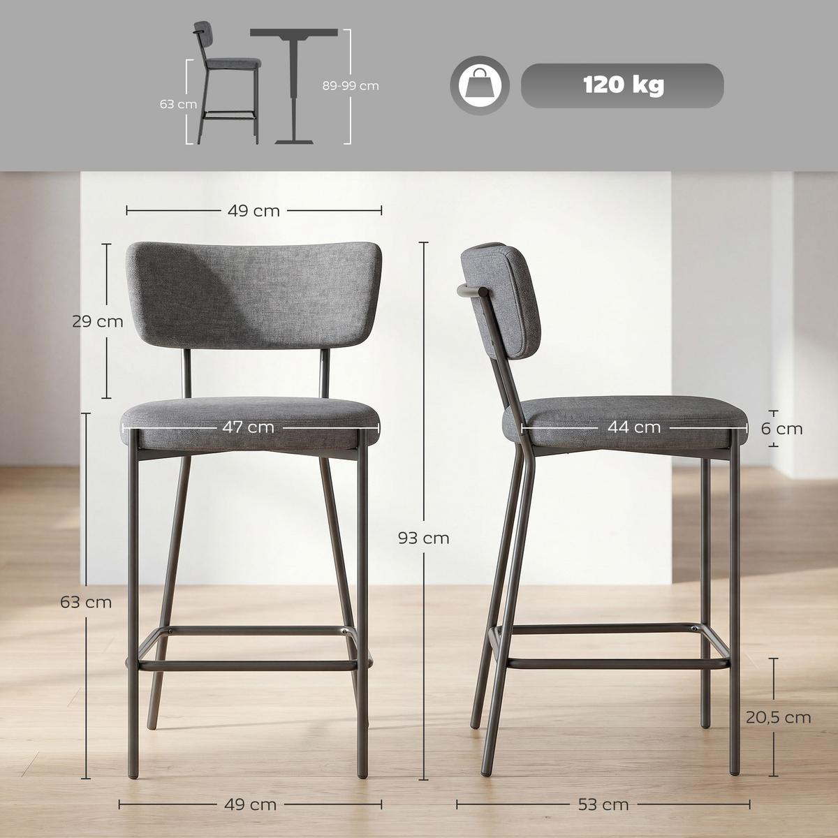 BARHOCKER SET 2 TLG. aus Polyester Metall Grau - Schwarz/Grau, Textil/Metall (49/93/53cm) - HOMCOM