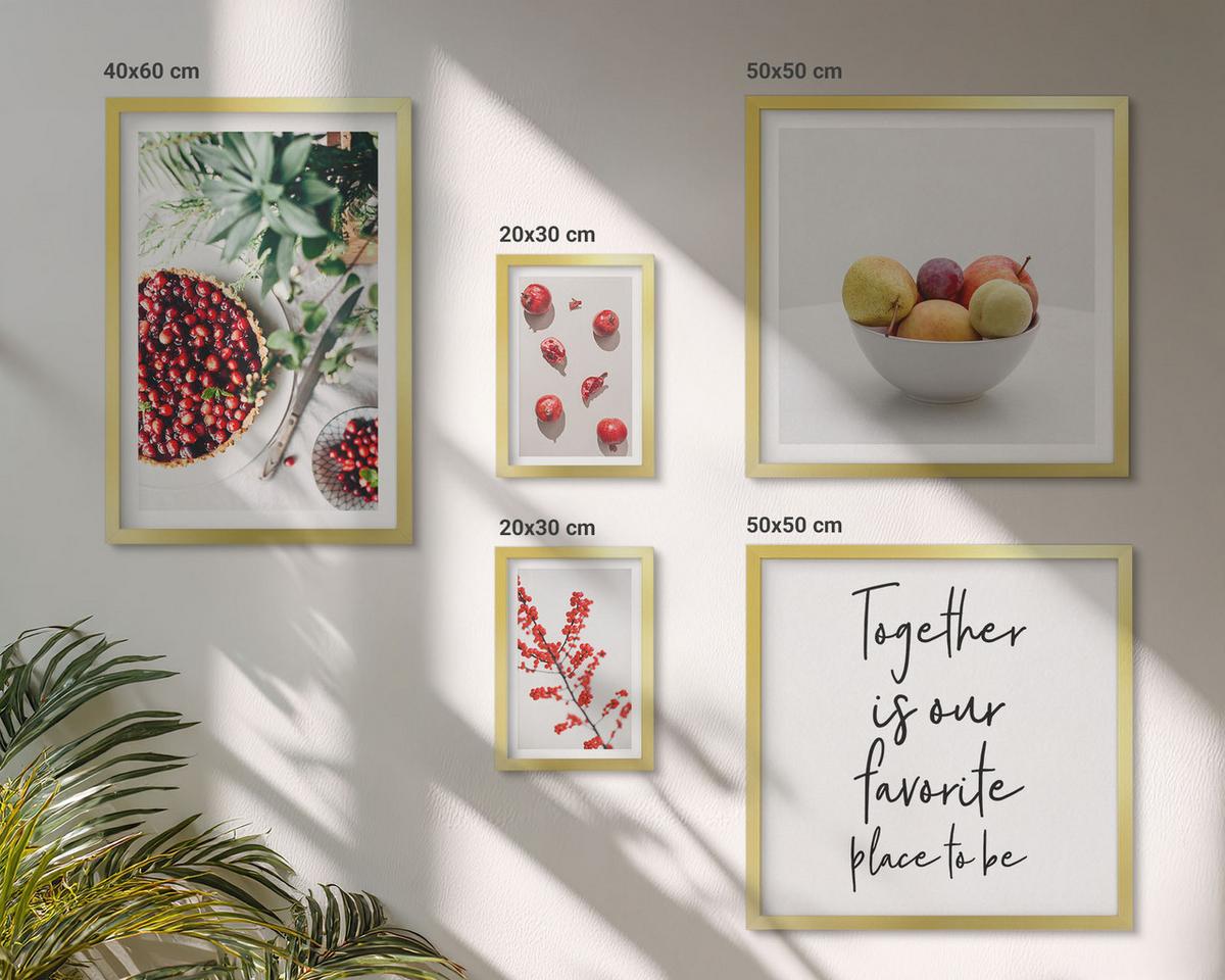 BILDER SET 5er Set - 50x50 cm & 20x30 cm & 40x60 cm Goldrahmen - Minimalismus der roten Früchte von Pflanzen - Goldfarben, Kunststoff (40/60cm) - TULUP