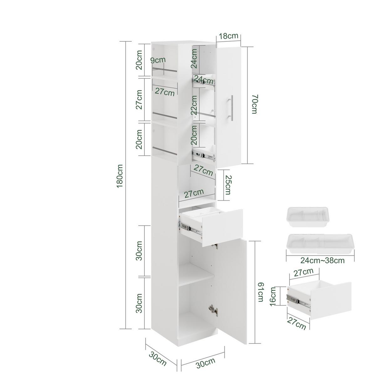 HOCHSCHRANK mit Schubladen und offenen Regalen BZR242-W - Silberfarben/Weiß, Holzwerkstoff/Metall (30/180/30cm) - SoBuy