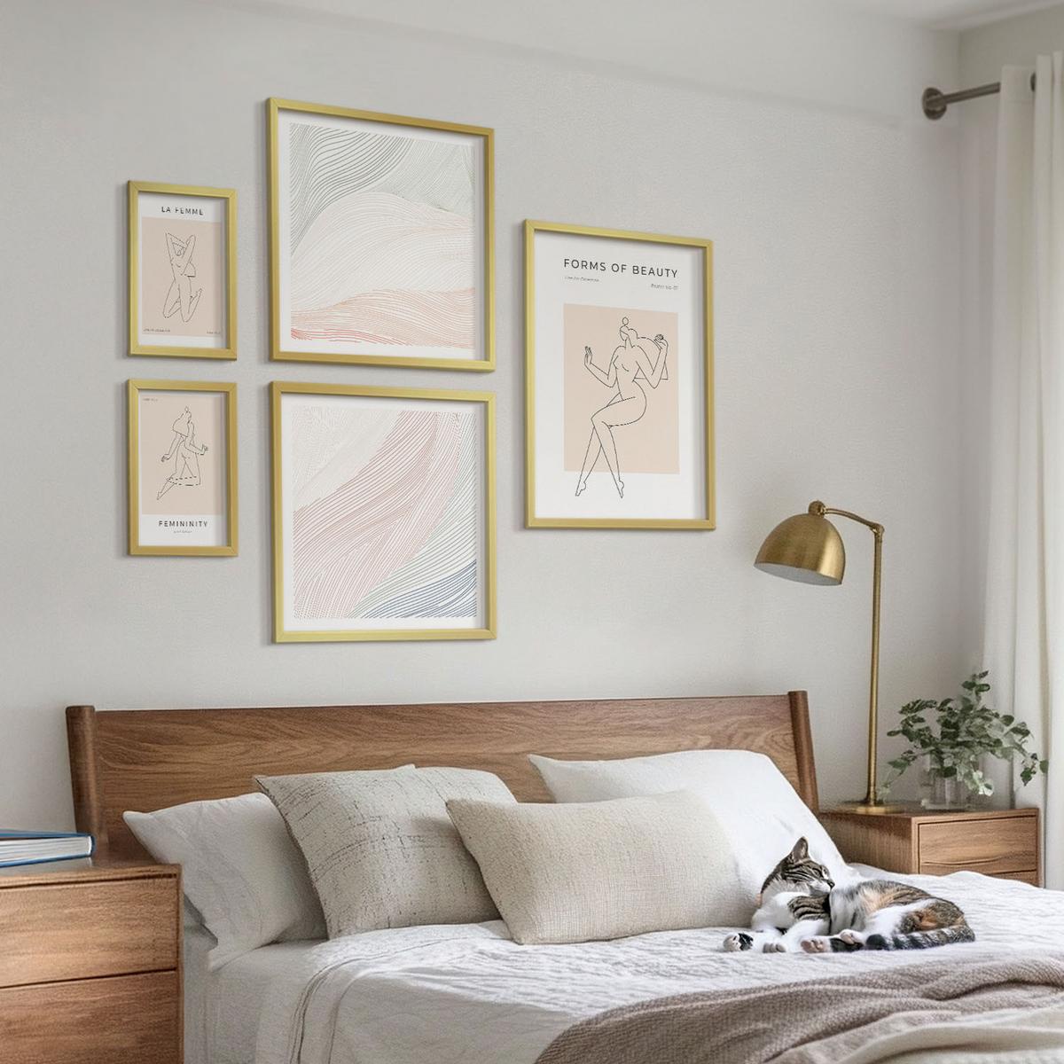 BILDER SET 5er Set - 50x50 cm & 20x30 cm & 40x60 cm Goldrahmen - Weibliche Silhouetten auf Plakaten - Goldfarben, Kunststoff (40/60cm) - TULUP
