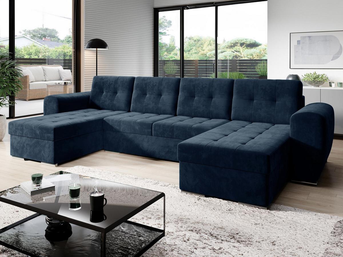 WOHNLANDSCHAFT Bari U - Silberfarben/Dunkelblau, Holz/Textil (326/86/157cm) - MIRJAN24