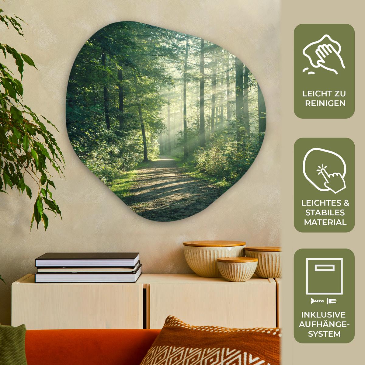 WANDBILD Wald - Weg - Sonne - Bäume - Grün - Natur Room Decor 90x90 cm - Waldgrün, Kunststoff (90/90cm) - MuchoWow