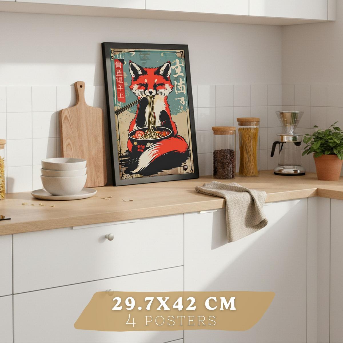 POSTER 4er Set Japanische Ramen Tier-Wandbilder Katze Fuchs und Hase Nudeln Vintage Küche Deko Schwarzer Rahmen A4 - Schwarz, Papier (29.7/1/21cm) - Nacnic