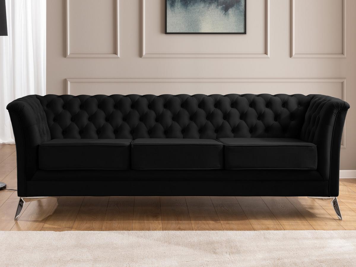 CHESTERFIELD-SOFA 3-sitzer Whitby Schwarz Samt mit silbernen Füßen - Silberfarben/Schwarz, Holz/Textil (237/78/82cm) - S-Style Möbel