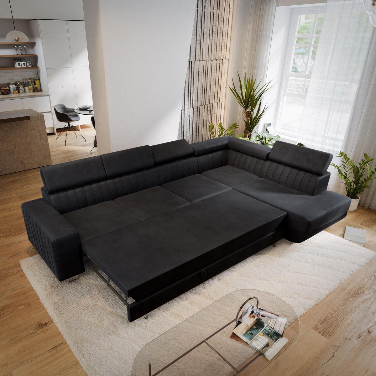 ECKSOFA HESTION Schwarz Velours-Stoff mit Schlaffunktion - Schwarz, Holz (332/190cm) - MASSENO