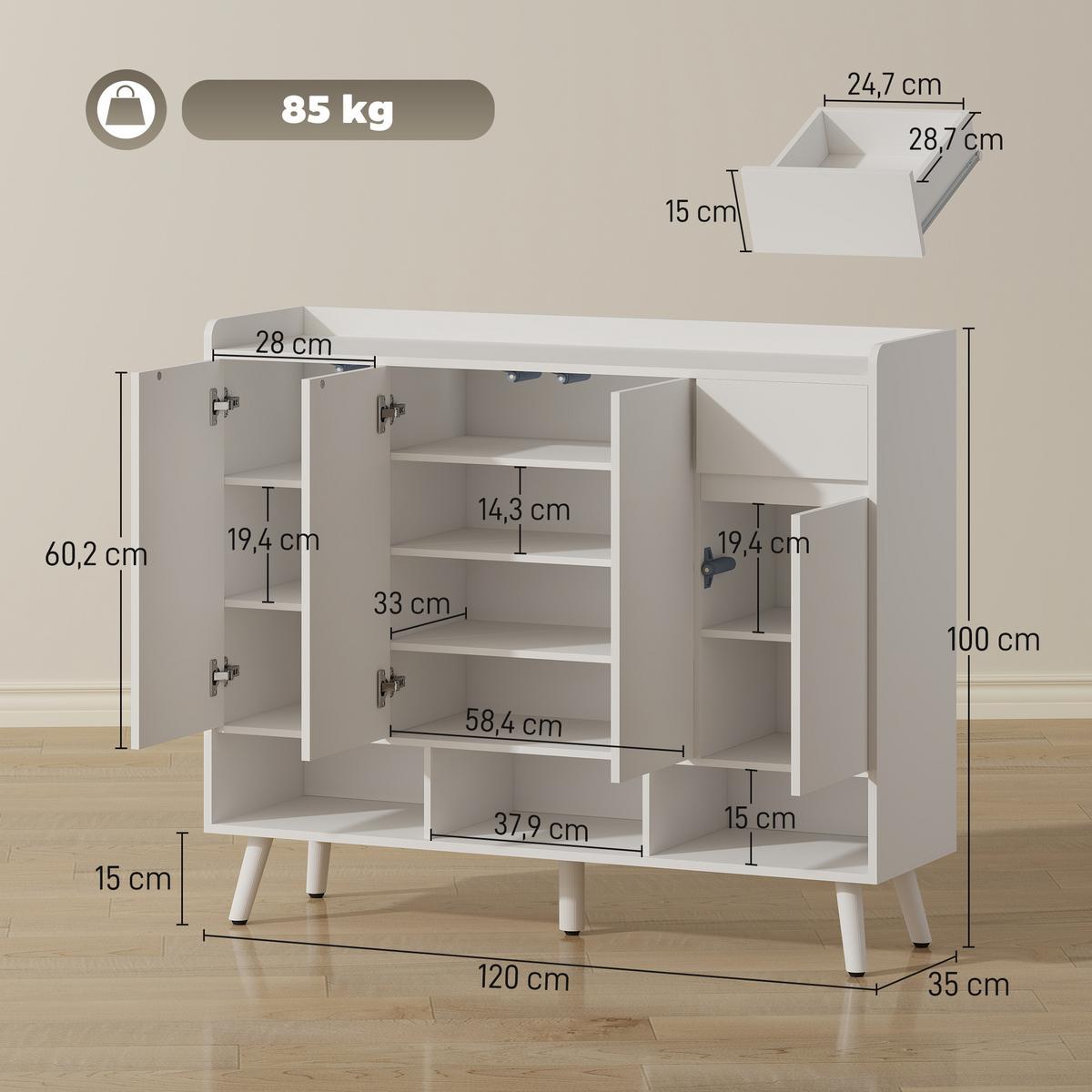 SCHUHSCHRANK MDF Kiefernholz Weiß - Weiß, Holz/Holzwerkstoff (35/100/120cm) - HOMCOM
