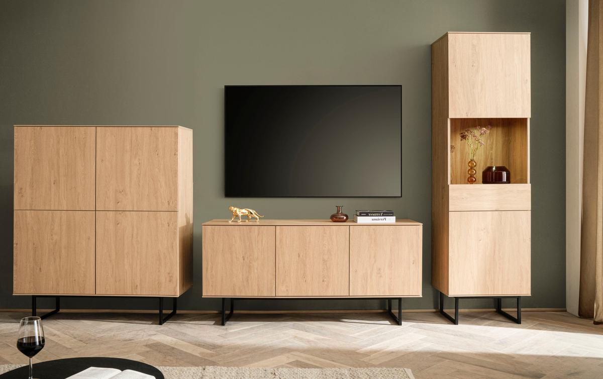 WOHNWAND Stone Eiche 3-teilig 353 cm, Wohnkombination mit Push-to-Open - Eichefarben/Schwarz, Holzwerkstoff/Metall (353/200/40cm) - Furn.Design