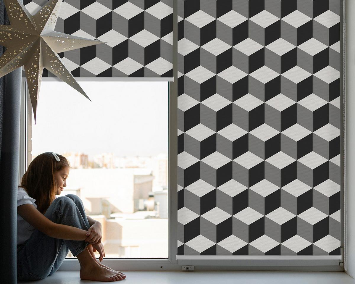 INNENROLLO - Fensterrollo - Rollo - 100x100 cm - 3D-Würfel - Schwarz, Kunststoff (100/100/0.5cm) - TULUP