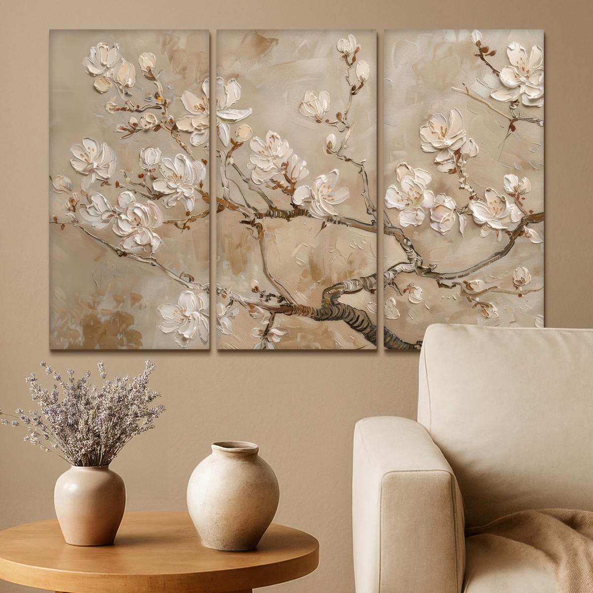 LEINWANDBILD 3er Set Beige - Blüte - Modern 90x60 cm - Beige, Textil (90/60cm) - MuchoWow