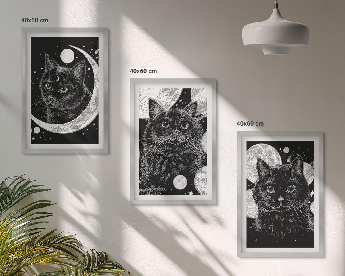 BILDER SET 3er Set - 40x60 cm Silberner Rahmen - Schwarze Katzen, Mond, Weltraum - Silberfarben, Kunststoff (40/60cm) - TULUP