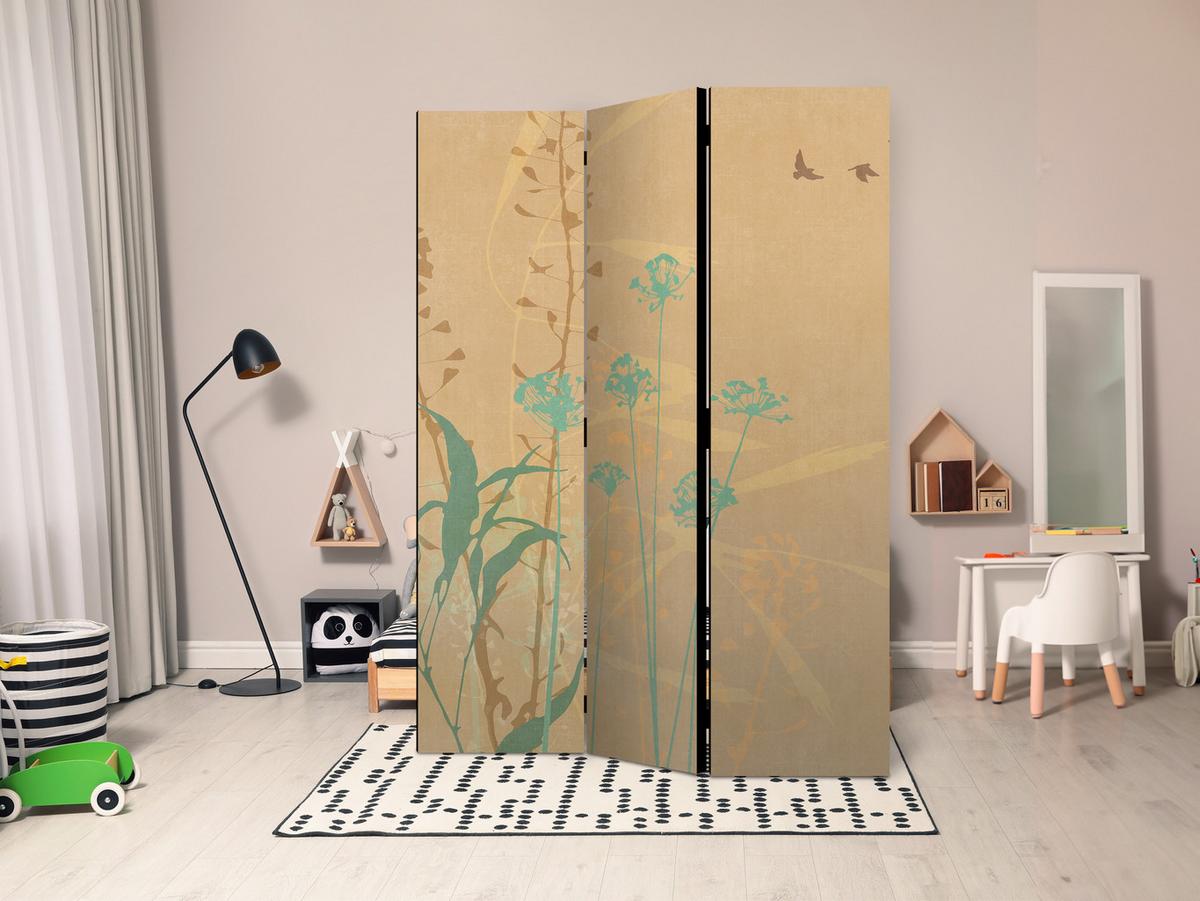 PARAVENT Beidseitig Bedruckter 3-tlg 135x172 cm Pflanzen im Boho-Stil - Beige, Holz/Textil (135/172/3cm) - Muralo