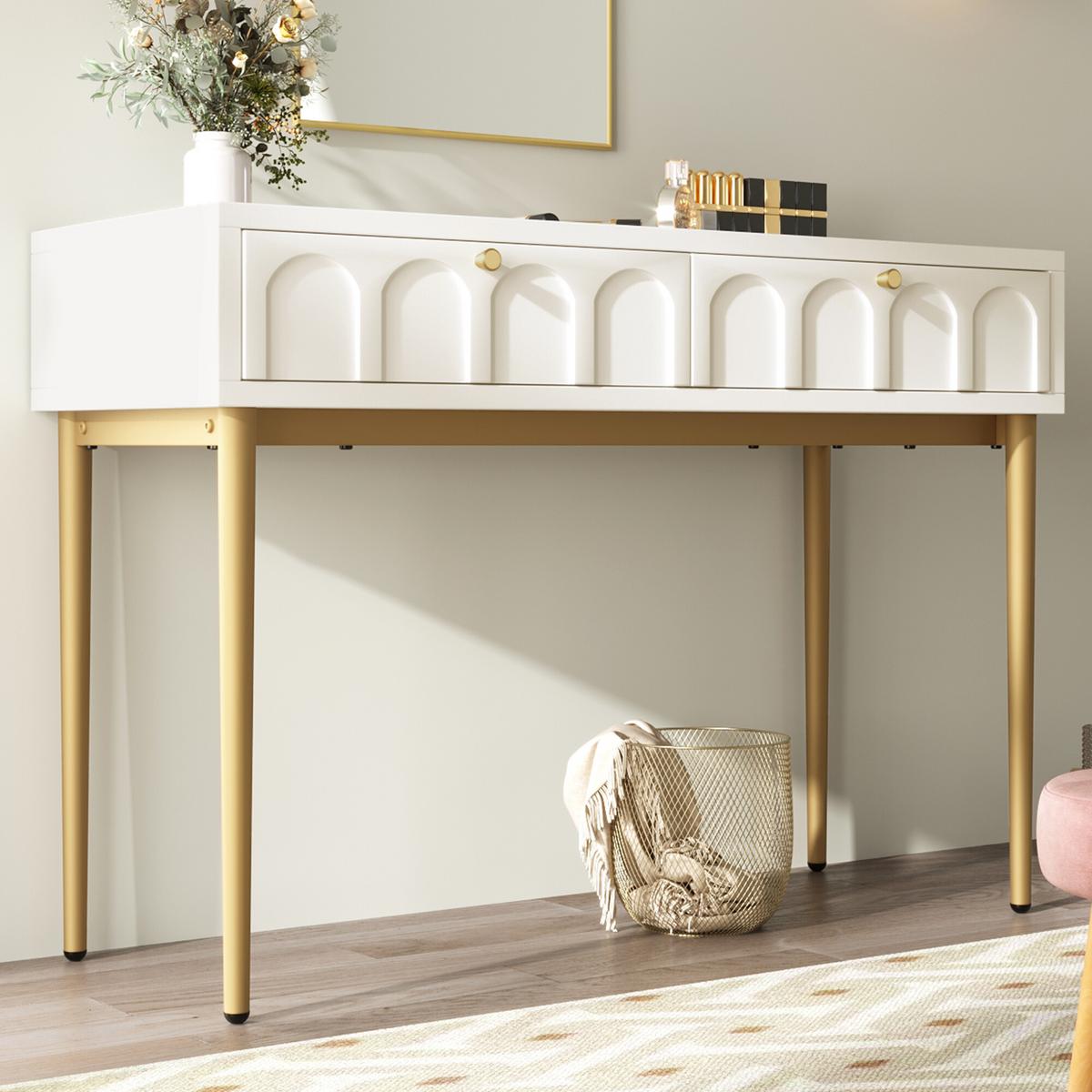 SCHMINKTISCH Cremeweiß und Golden 100/76,5/45 cm - Beige, Holzwerkstoff/Metall (100/76/45cm) - Urban Meuble