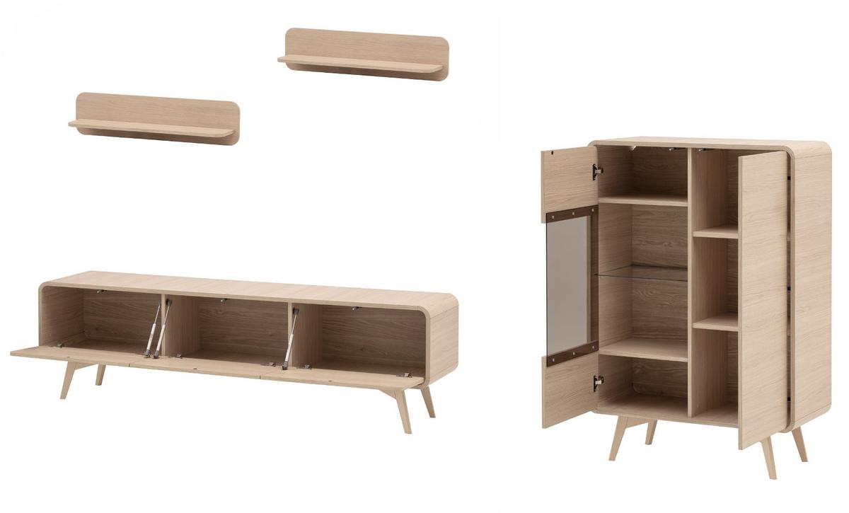 WOHNWAND Eiche natur 4-teilig 290 cm, Anbauwand mit Push-to-Open - Eichefarben, Glas/Holz (290/170/39cm) - Furn.Design
