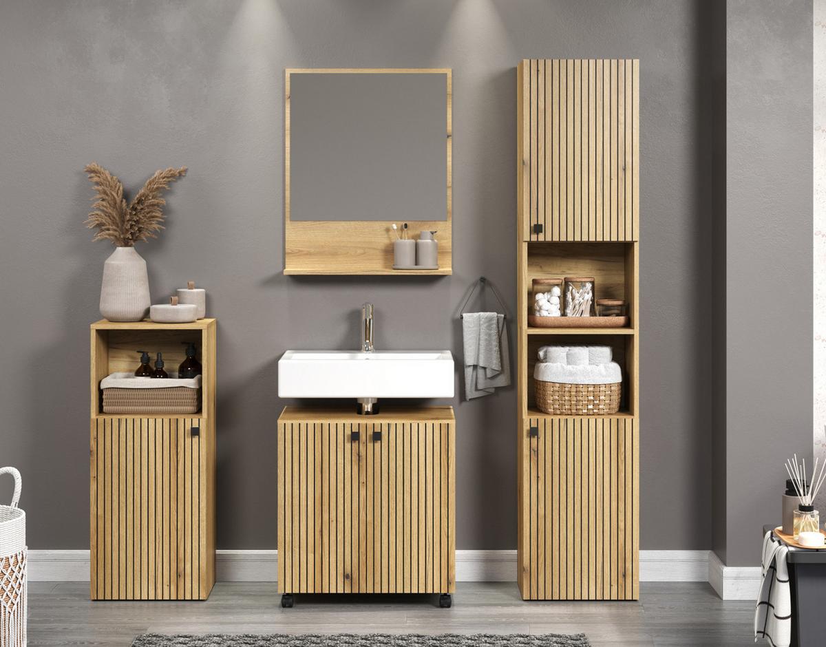 WASCHBECKENUNTERSCHRANK Evoke Eiche 60 cm, Badschrank auf Rollen - Eichefarben/Schwarz, Holzwerkstoff/Kunststoff (60/64/42cm) - Top.Furn