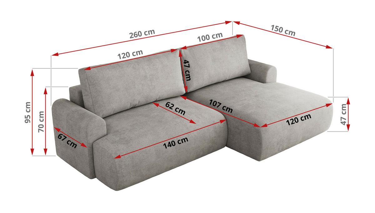 ECKSCHLAFSOFA TONO L Hellgrau Struktur - rechts - Hellgrau/Schwarz, Kunststoff/Textil (150/260cm) - MKS
