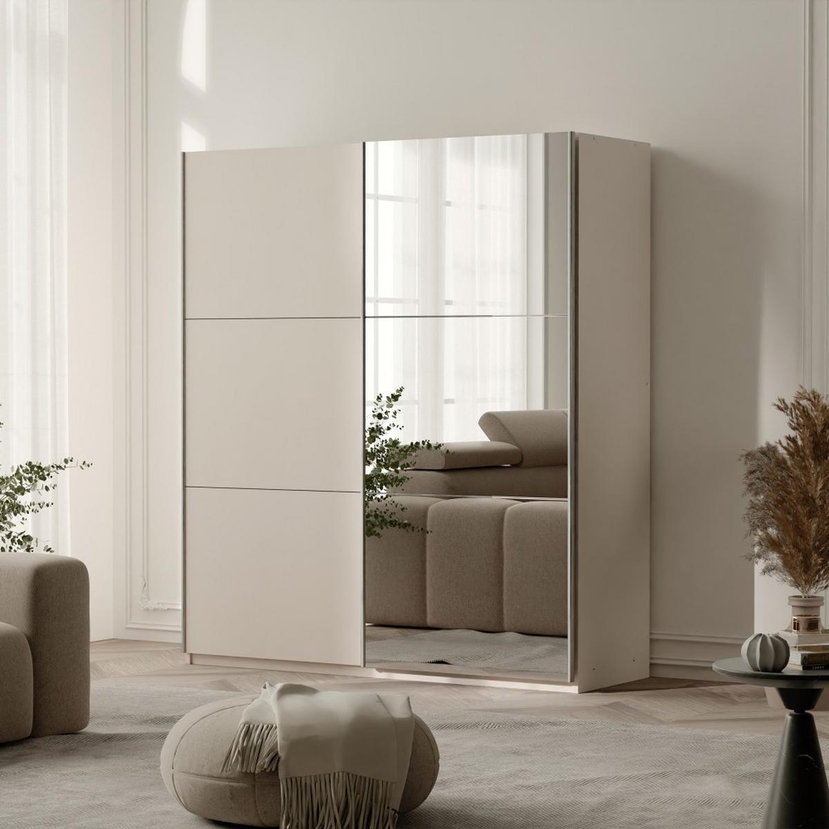 SCHWEBETÜRENSCHRANK Visto mit 2 Türen und Spiegel, 150 cm, Sandbeige - Sandfarben, Holzwerkstoff (150/215/65cm) - Beautysofa