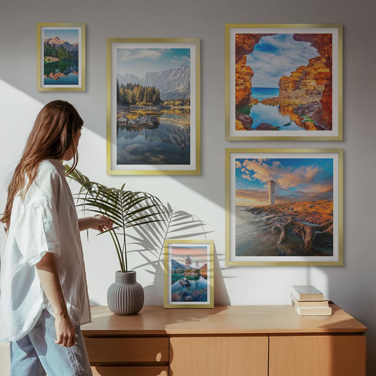 BILDER SET 5er Set - 50x50 cm & 20x30 cm & 40x60 cm Goldrahmen - Aussicht Paris New York Treppen - Goldfarben, Kunststoff (40/60cm) - TULUP