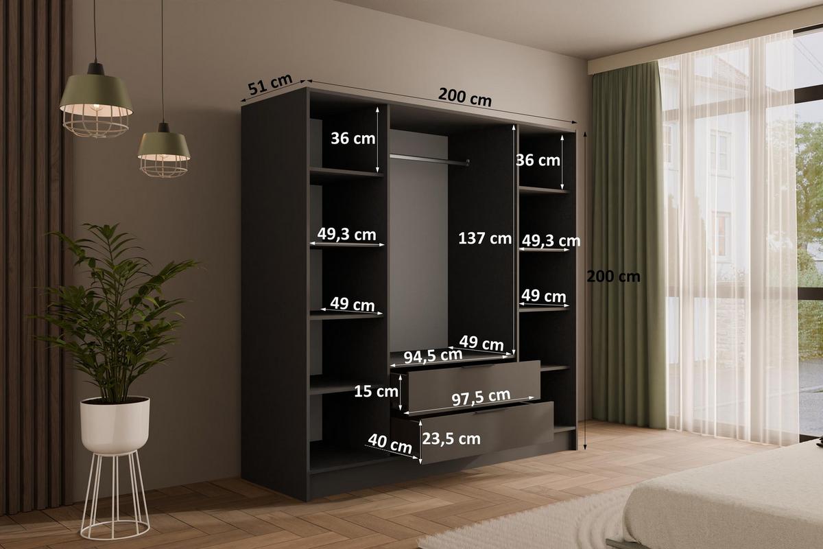 KLEIDERSCHRANK NELIA - 200 cm - Graphitfarben/Eiche Artisan, Holzwerkstoff (200/200/51cm) - ALTDECOR