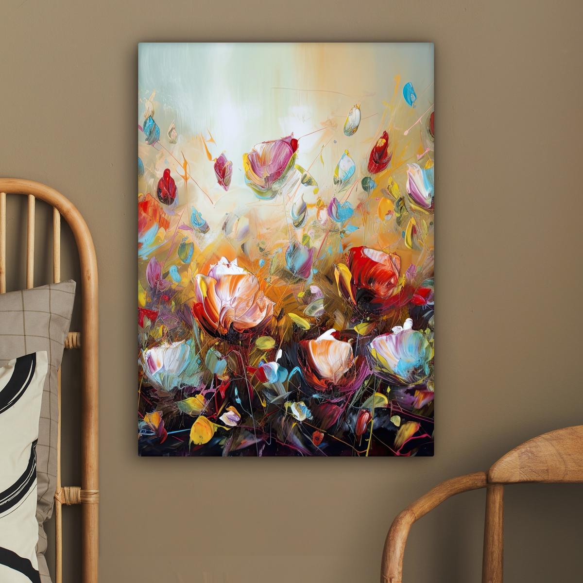 LEINWANDBILD Blumen - Kunst - Natur - Ölgemälde Wandbild Wohnzimmer 60x80 cm - Multicolor, Textil (60/80cm) - MuchoWow