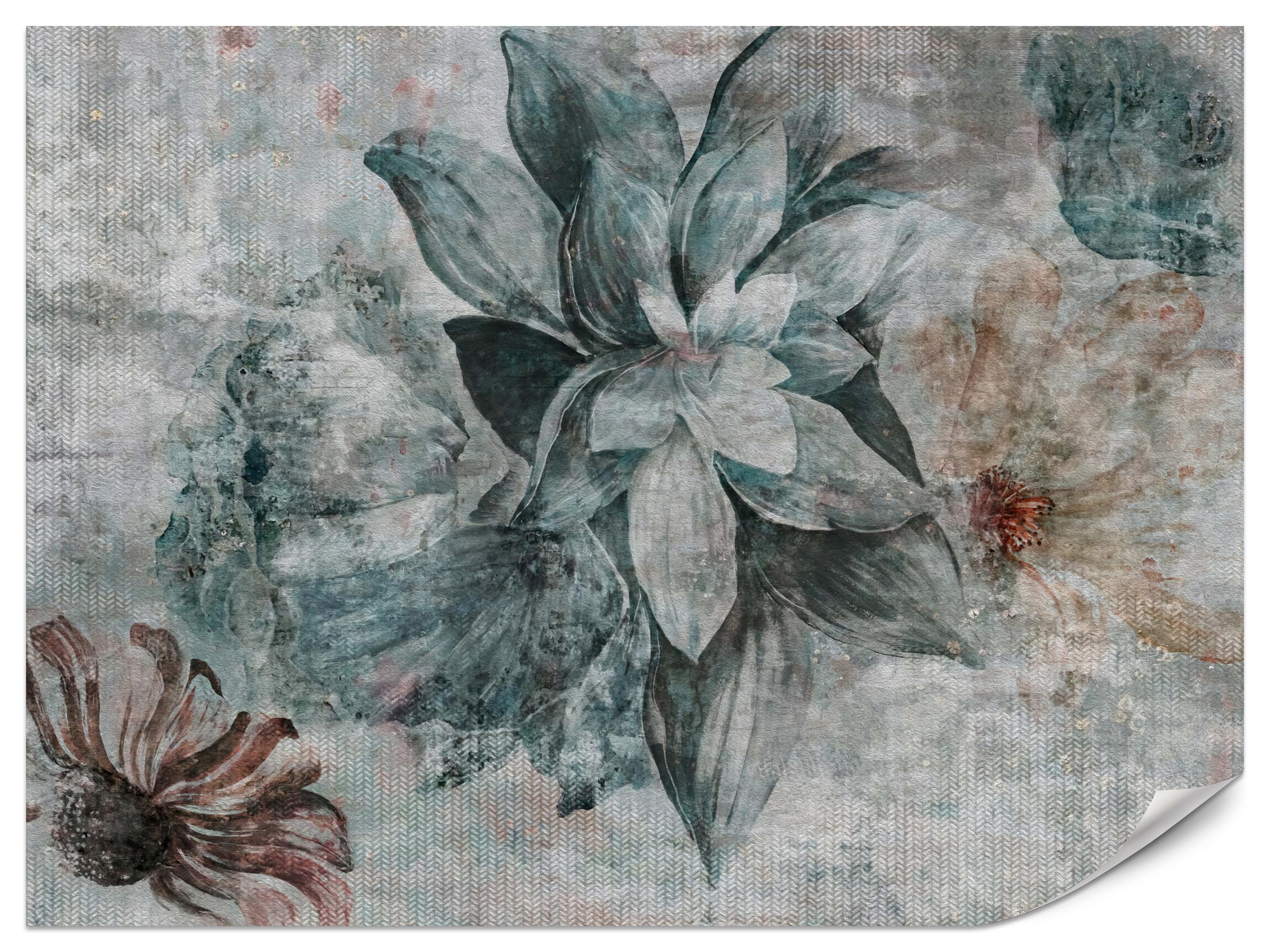 FOTOTAPETE für Schlafzimmer Aquarellblumen Beton Natur Pflanzen 300x210 - Grau, Papier (300/210cm) - Muralo