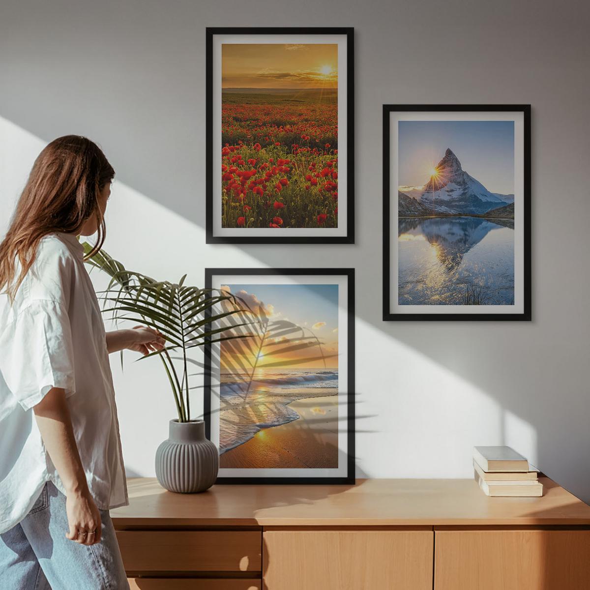 BILDER SET 3er Set - 40x60 cm Schwarzer Rahmen - Landschaften aus Bergen und Meeren im Westen - Schwarz, Kunststoff (40/60cm) - TULUP