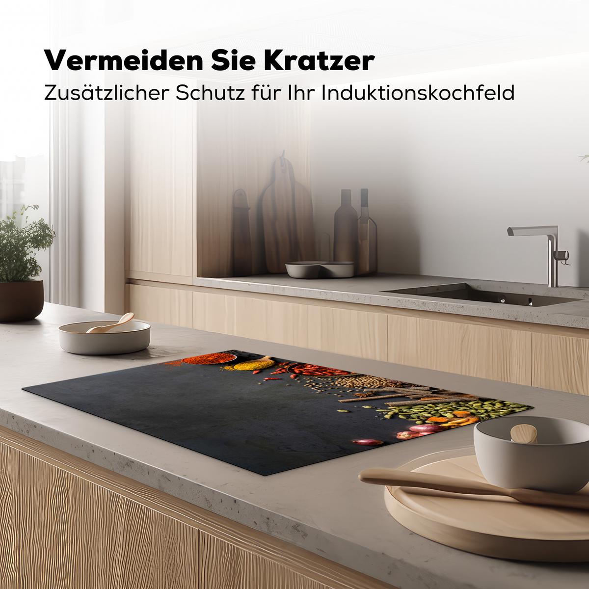 HERDABDECKPLATTE Kräuter - Lebensmittel - Gewürze - Schwarz - Paprika - Zimt Induktionsschutz 81.6x52.7 cm - Currygelb, Kunststoff (81.6/52.7/0.2cm) - MuchoWow