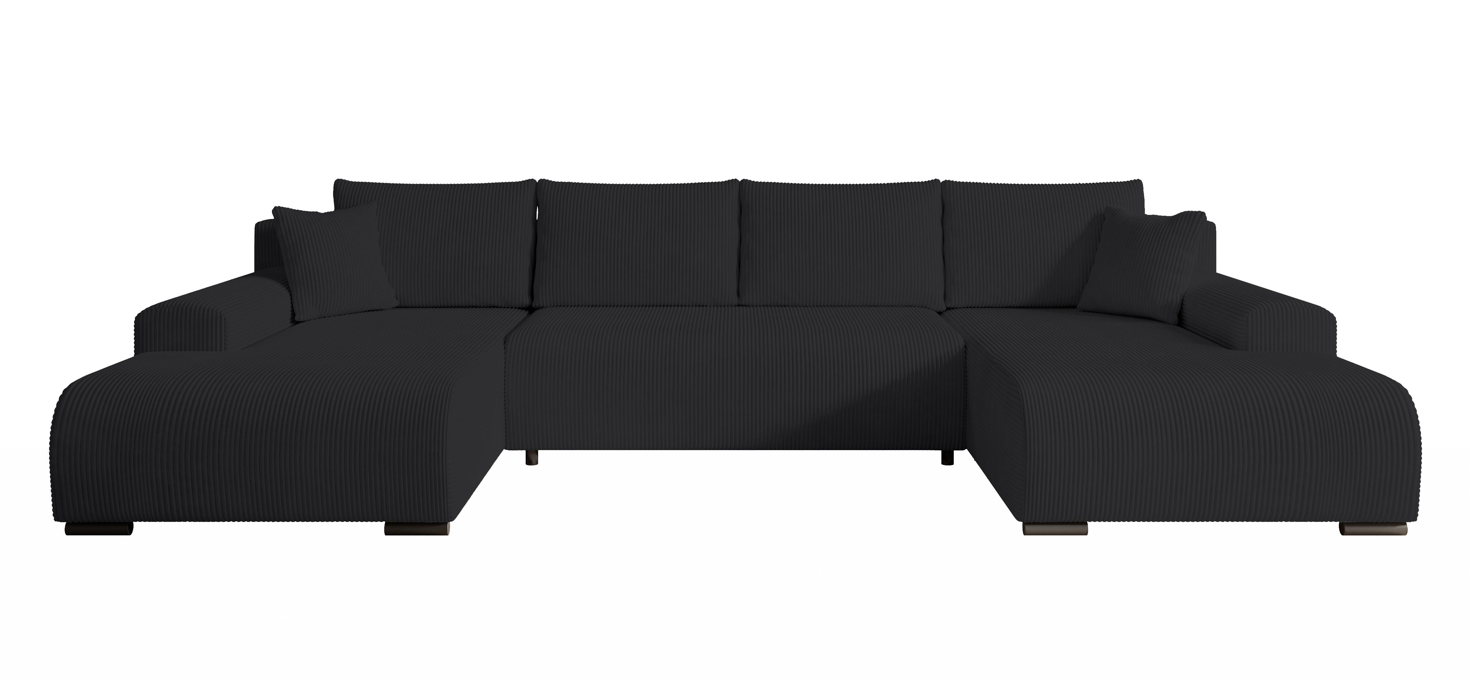 WOHNLANDSCHAFT Nelly U mit Bettkasten und Schlaffunktion, Cordstoff in U-Form - Schwarz, Textil (349/80/185cm)
