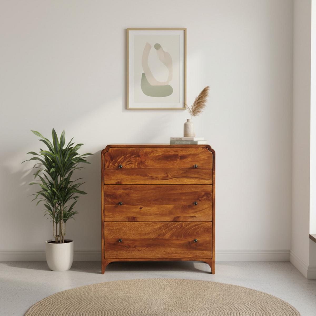 KOMMODE Newton Kastanie, 3 Schubladen, Dunkelbraun - Kastanienfarben/Messingfarben, Holz/Metall (70/80/35cm) - Artisan Furniture