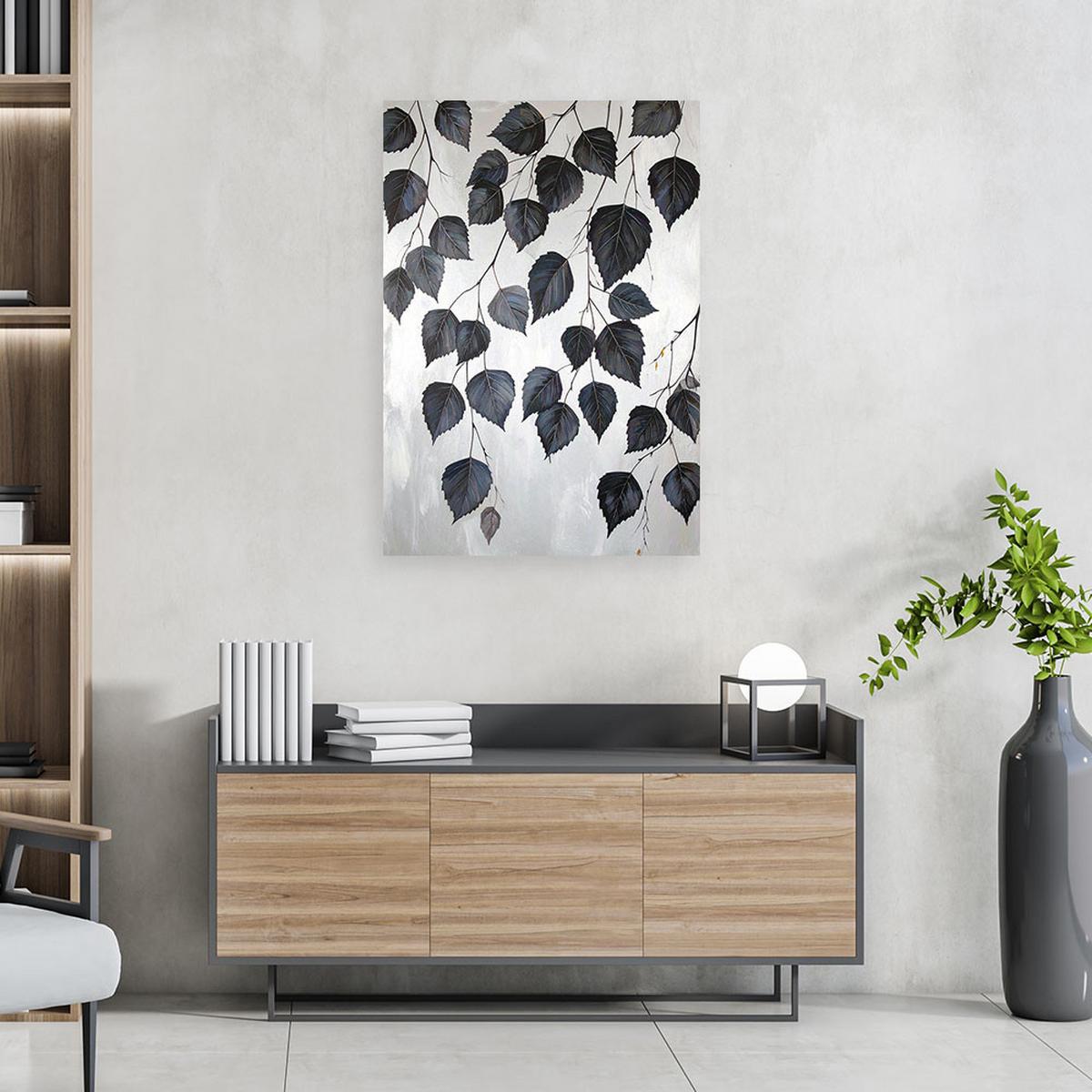 BILD auf Leinwand, Schwarze Birkenblätter auf grauem Hintergrund - Schwarz, Textil (70/100cm) - Feeby