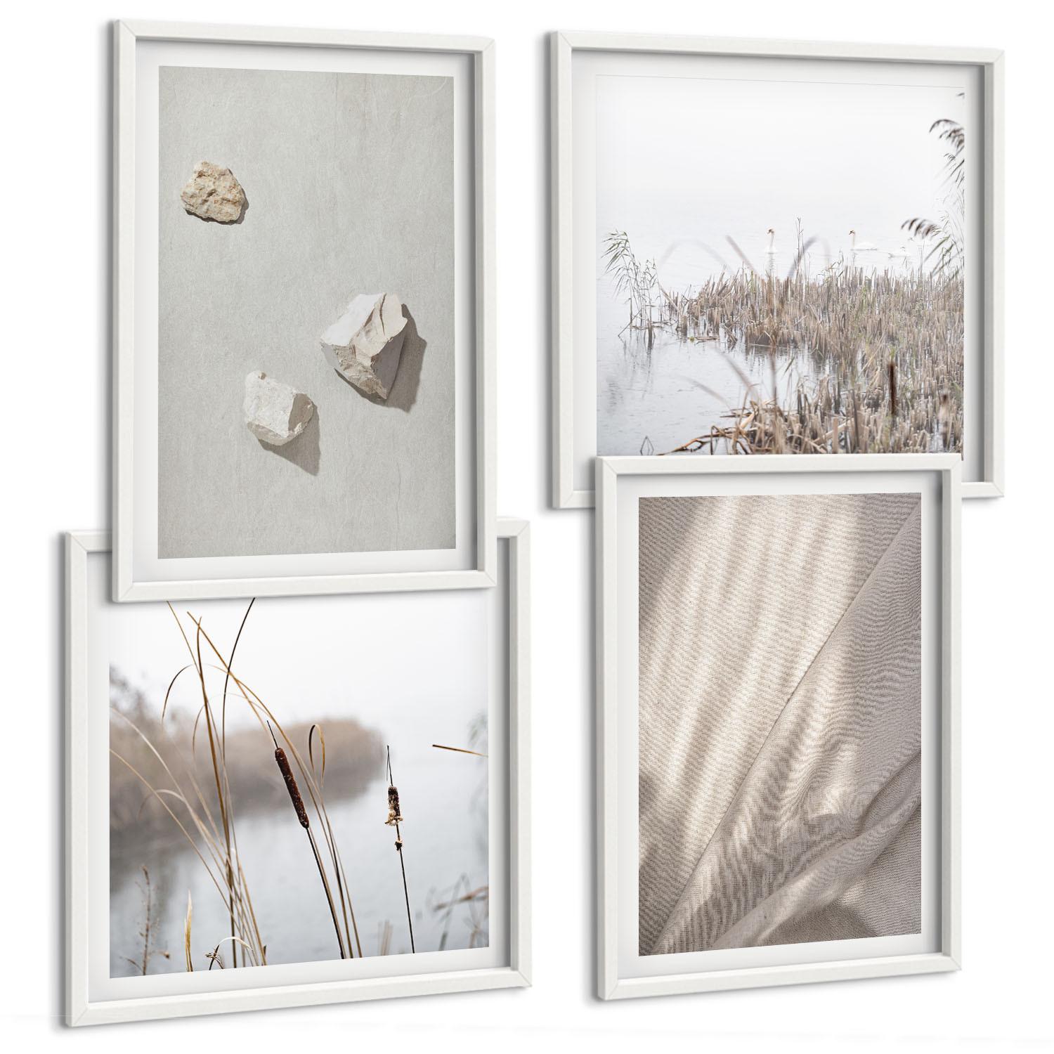 BILDER SET 4er Set - 50x50 cm & 40x60 cm Weißer Rahmen - Nahaufnahmen der Struktur im Boho-Stil - Weiß, Kunststoff (50/50cm) - TULUP