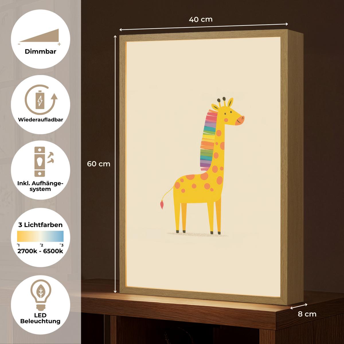 NACHTTISCHLAMPE MIT AKKU Giraffe - Regenbogenmähne - Beige 40x60 cm - Beige, Holzwerkstoff (8/40/60cm) - OnlyWow