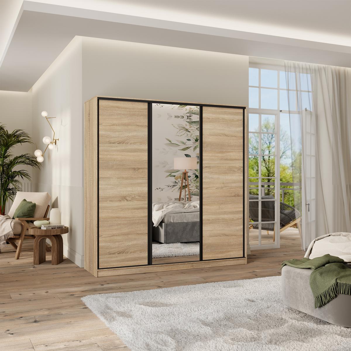 SCHWEBETÜRENSCHRANK TARI 200/205/58 cm 3-türig mit Spiegel und 4 Schubladen Sonoma Eiche - Sonoma Eiche, Holzwerkstoff (200/205/58cm) - MASSENO
