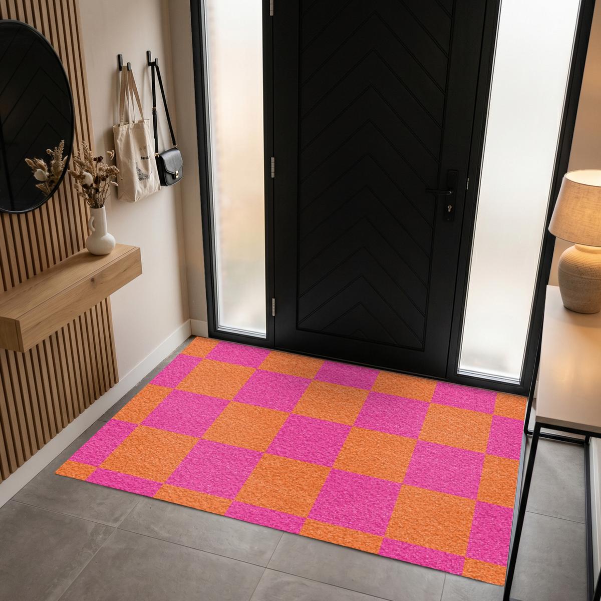 FUSSMATTE Schachbrettmuster - Orange - Rosa - Blöcke Schmutzfangmatte 180x120 cm - Pink, Kunststoff (180/0.4cm) - MuchoWow