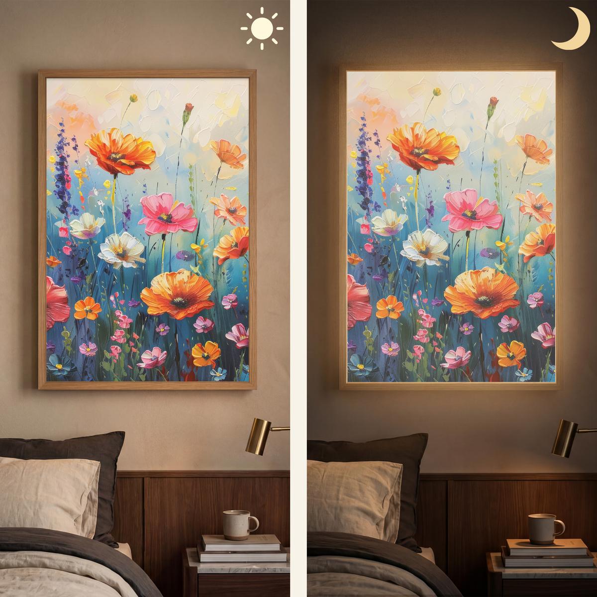WANDLEUCHTE MIT AKKU Blumen - Natur - Aquarell - Kunst 60x90 cm - Multicolor, Holzwerkstoff (60/90/8cm) - OnlyWow