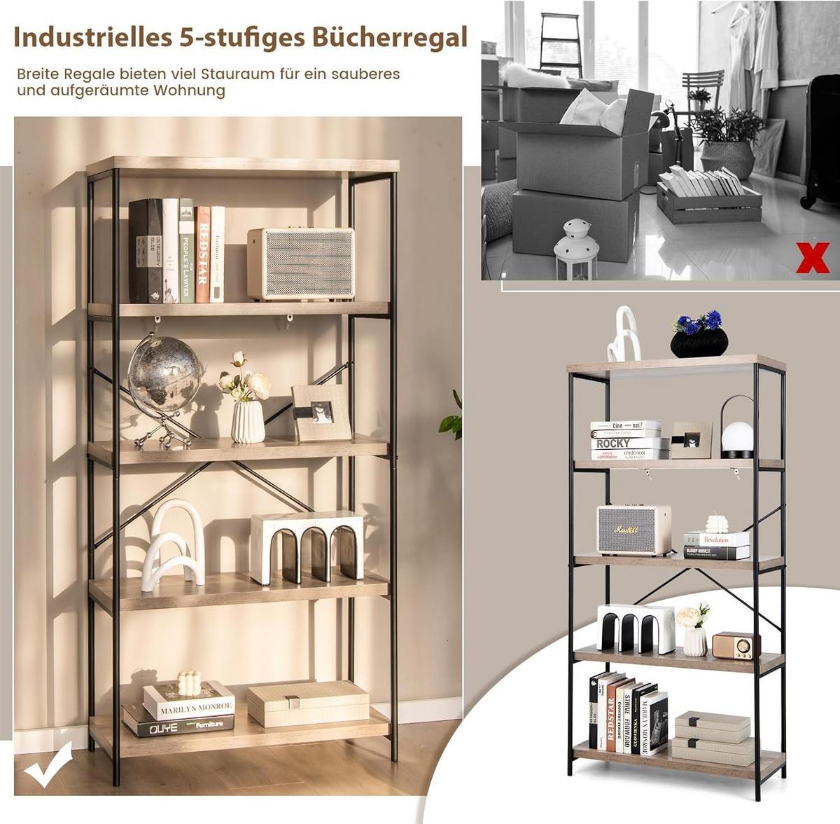 BUCHERREGAL Grau - Grau, Holz (79/160/35cm) - COSTWAY