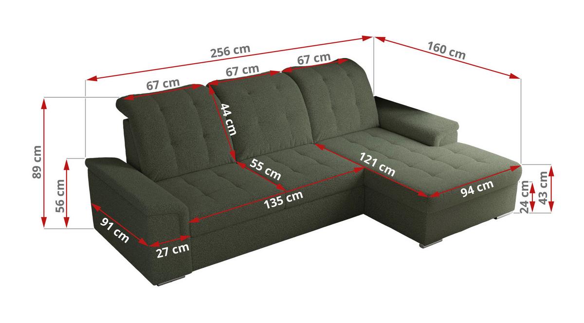 ECKSOFA MADRITO L - Grün Boucle - Rechts - Silberfarben/Grün, Textil/Metall (256/160cm)