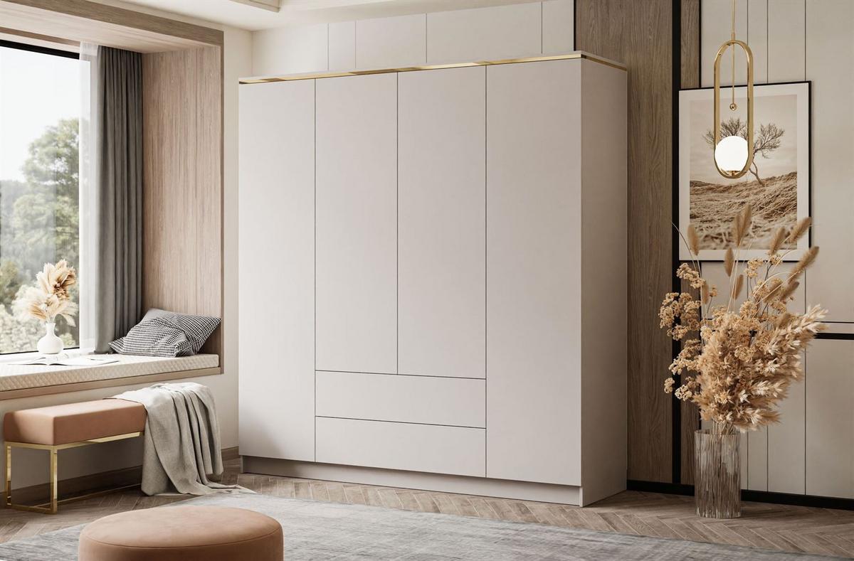 KLEIDERSCHRANK AURORA 4D2SZ in KASCHMIR mit Schubladen - Kaschmir/Goldfarben, Holzwerkstoff (200/213/57cm) - Lookway